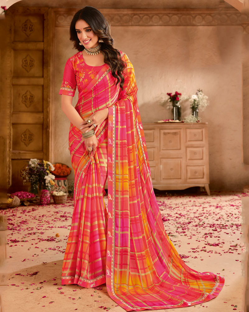 Vishal Prints Pinkish Red Printed Chiffon Saree With Fancy Border