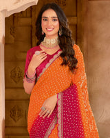 Vishal Prints Orange Red Printed Chiffon Saree With Foil Print And Cut Work Embroidery Border