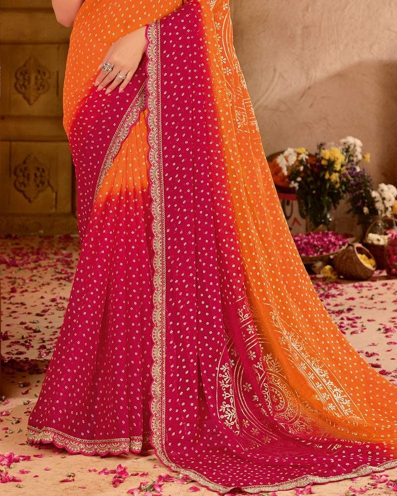 Vishal Prints Orange Red Printed Chiffon Saree With Foil Print And Cut Work Embroidery Border