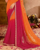 Vishal Prints Orange Red Printed Chiffon Saree With Foil Print And Cut Work Embroidery Border