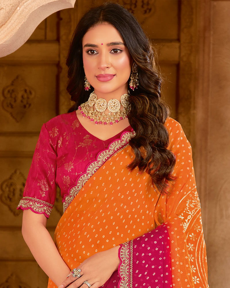 Vishal Prints Orange Red Printed Chiffon Saree With Foil Print And Cut Work Embroidery Border