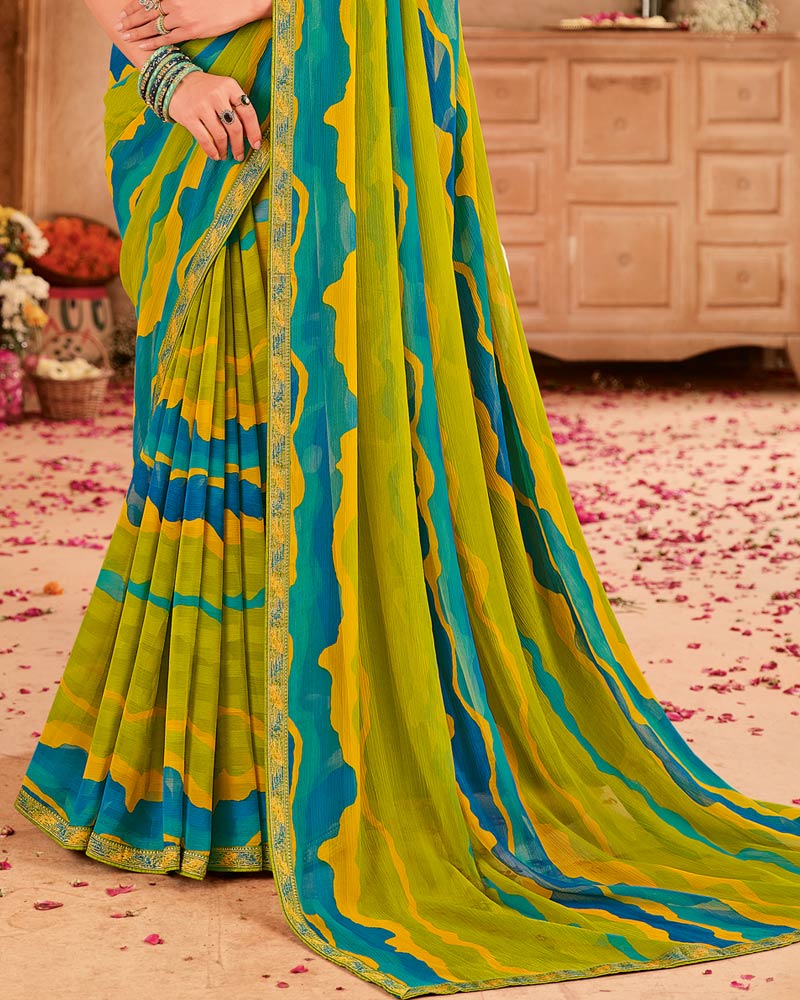 Vishal Prints Mehandi Green Printed Chiffon Saree With Zari Border