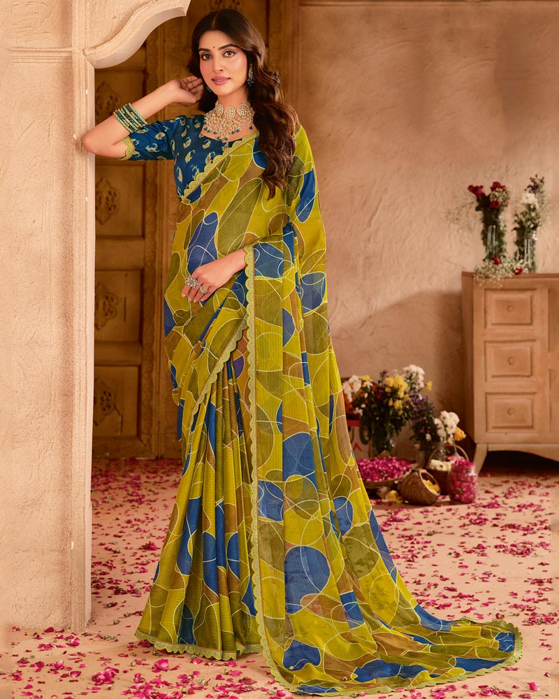 Vishal Prints Olive Green Printed Chiffon Saree With Cut Work Embroidery Border