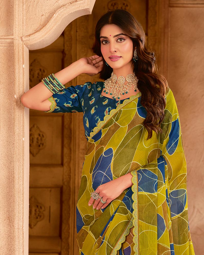 Vishal Prints Olive Green Printed Chiffon Saree With Cut Work Embroidery Border