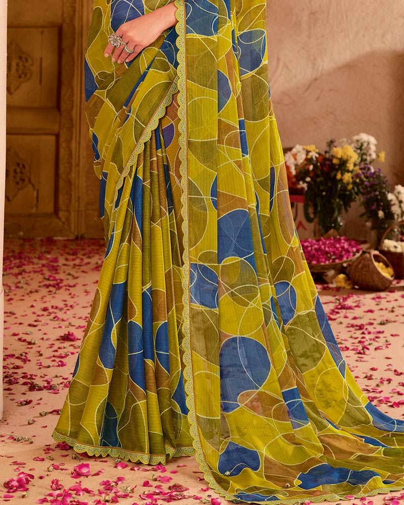 Vishal Prints Olive Green Printed Chiffon Saree With Cut Work Embroidery Border