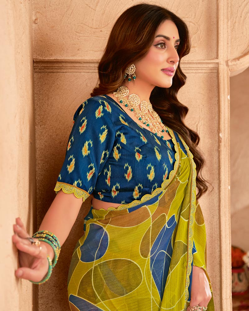 Vishal Prints Olive Green Printed Chiffon Saree With Cut Work Embroidery Border