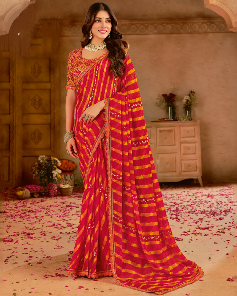 Vishal Prints Red Printed Chiffon Saree With Foil Print And Cut Work Embroidery Border