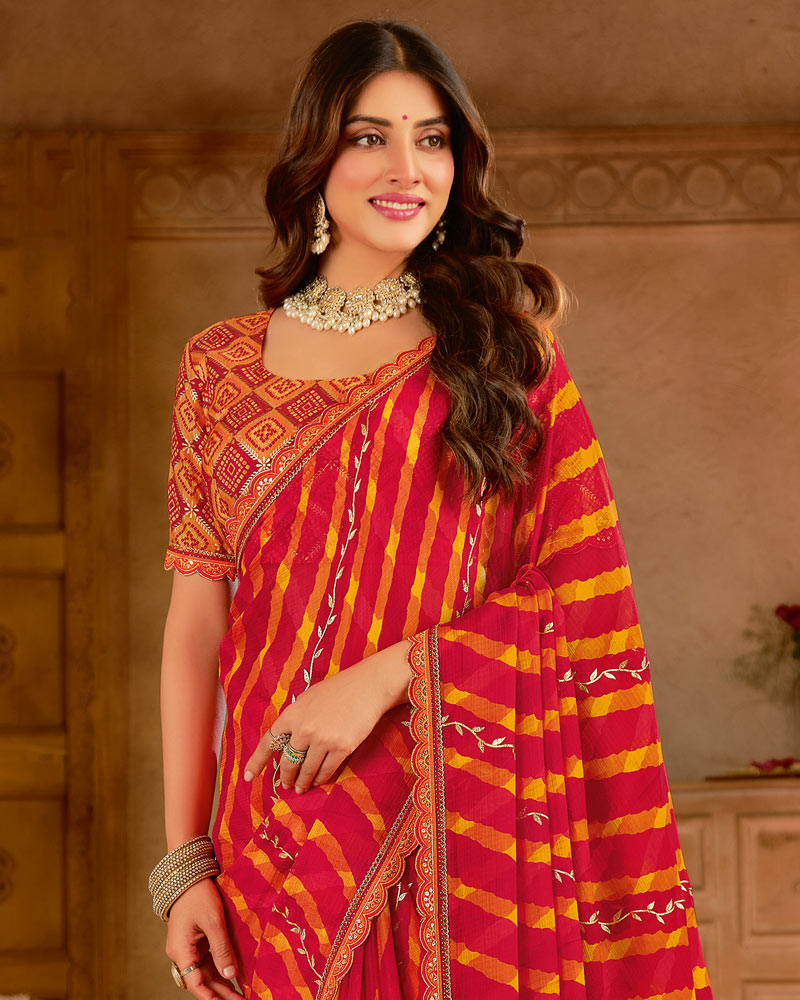 Vishal Prints Red Printed Chiffon Saree With Foil Print And Cut Work Embroidery Border