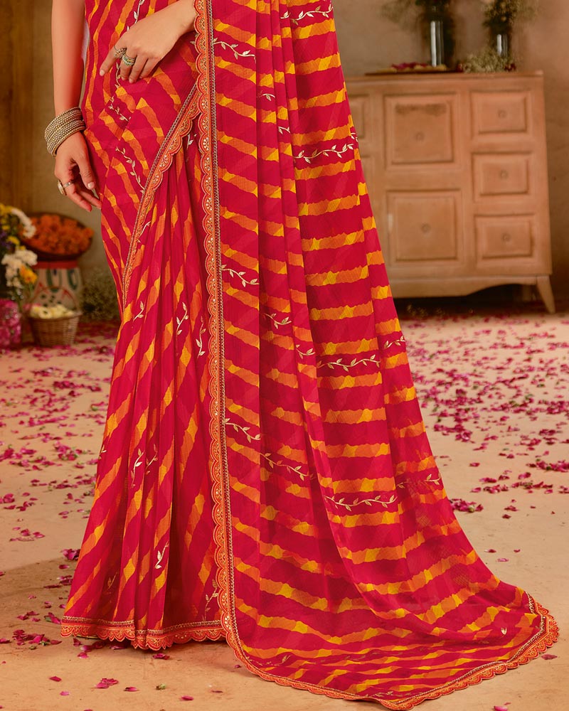 Vishal Prints Red Printed Chiffon Saree With Foil Print And Cut Work Embroidery Border