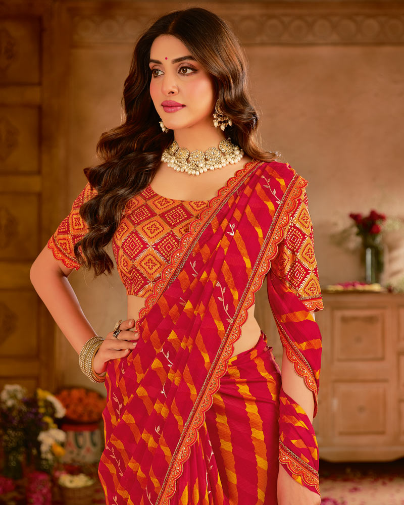 Vishal Prints Red Printed Chiffon Saree With Foil Print And Cut Work Embroidery Border