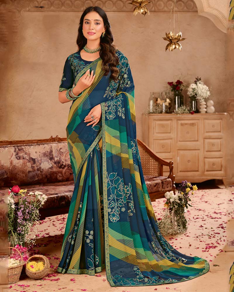 Vishal Prints Prussian Blue Printed Chiffon Saree With Foil Print And Zari Border