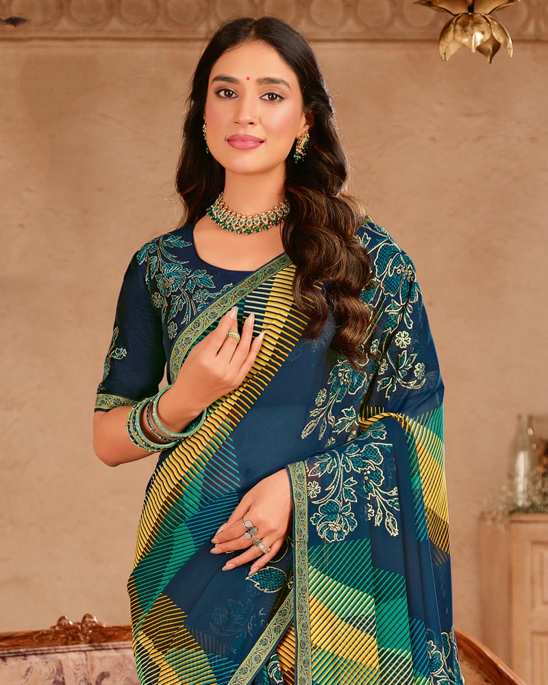 Vishal Prints Prussian Blue Printed Chiffon Saree With Foil Print And Zari Border
