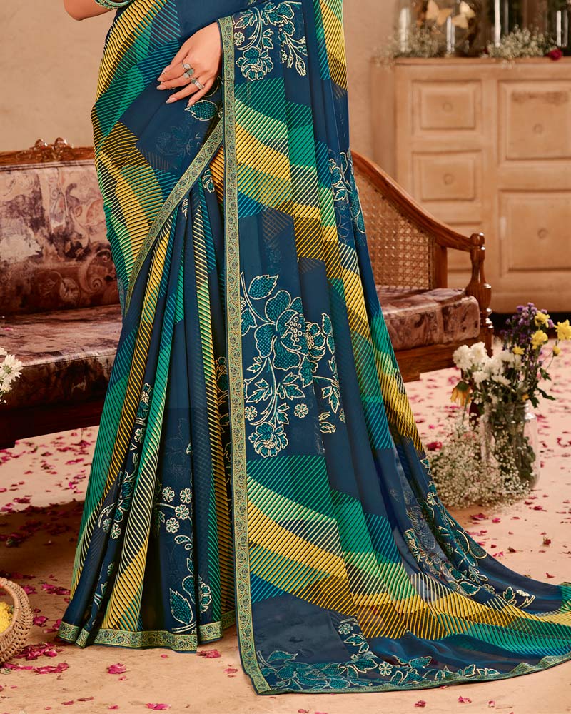 Vishal Prints Prussian Blue Printed Chiffon Saree With Foil Print And Zari Border