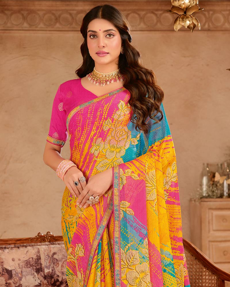 Vishal Prints Multi Colour Printed Chiffon Saree With Zari Border