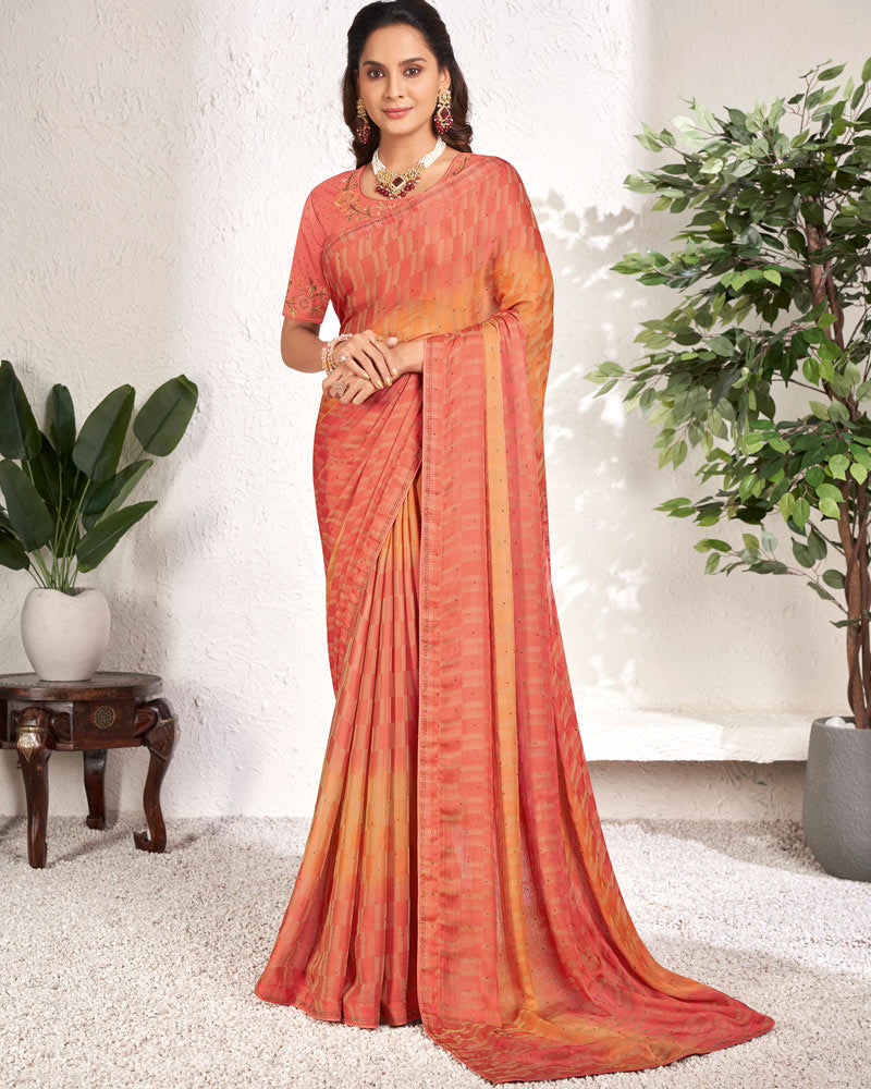 Vishal Prints Peach Designer Digital Print Chiffon Saree With Core Piping