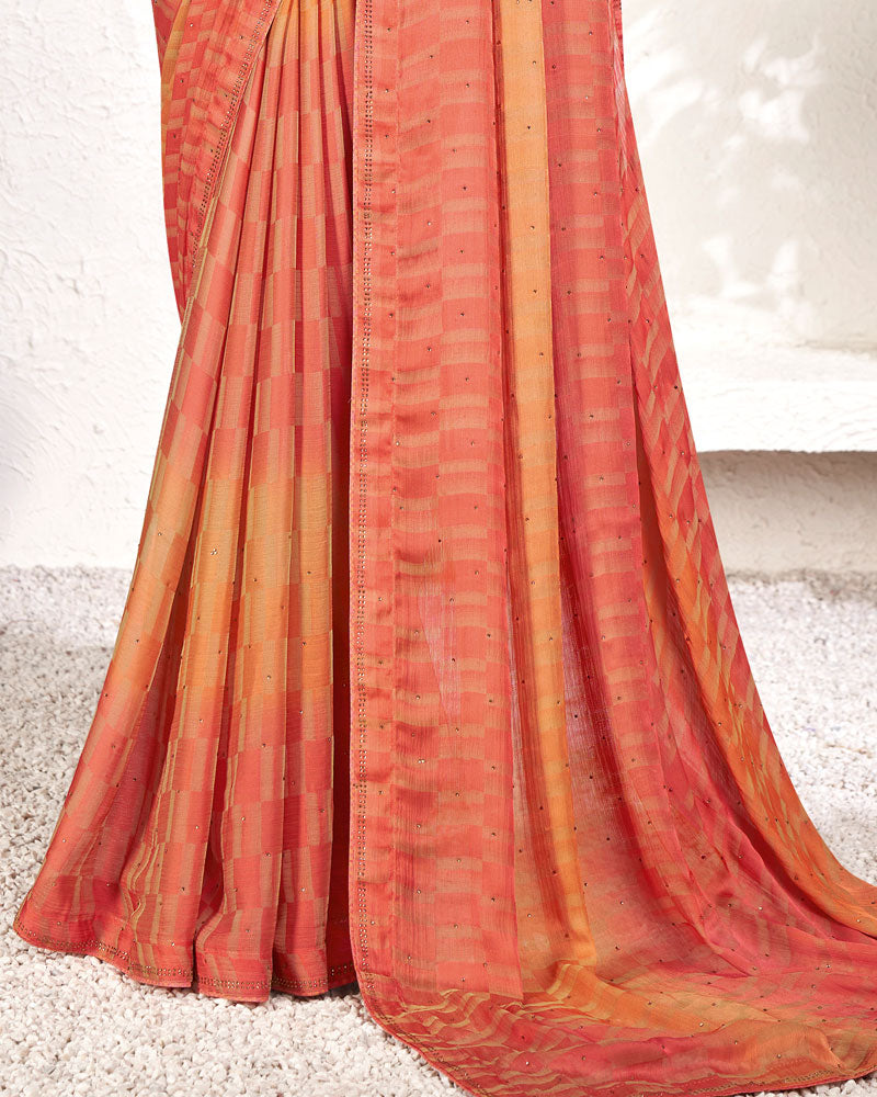 Vishal Prints Peach Designer Digital Print Chiffon Saree With Core Piping