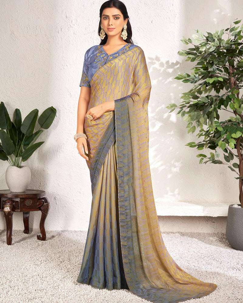 Vishal Prints Light Mustard Designer Digital Print Chiffon Saree With Core Piping