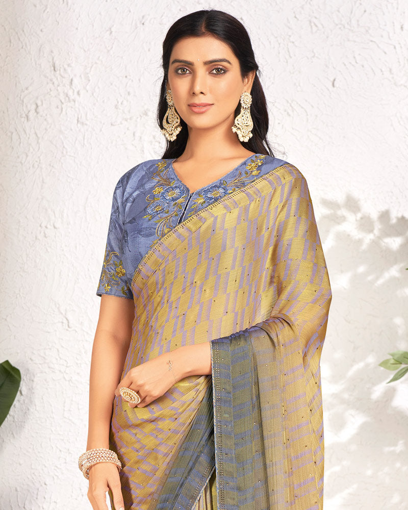 Vishal Prints Light Mustard Designer Digital Print Chiffon Saree With Core Piping