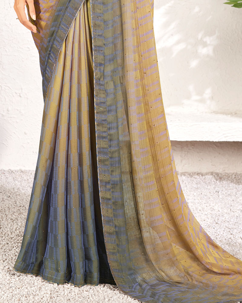 Vishal Prints Light Mustard Designer Digital Print Chiffon Saree With Core Piping