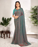 Vishal Prints Rama Green Designer Digital Print Chiffon Saree With Core Piping