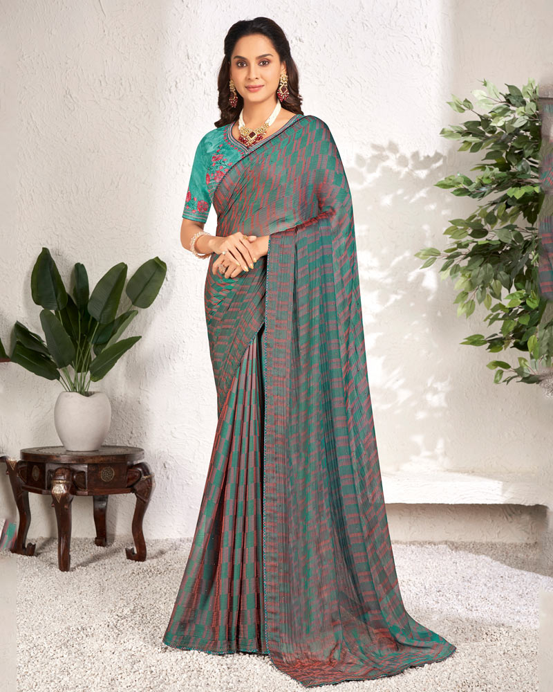 Vishal Prints Rama Green Designer Digital Print Chiffon Saree With Core Piping