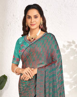 Vishal Prints Rama Green Designer Digital Print Chiffon Saree With Core Piping