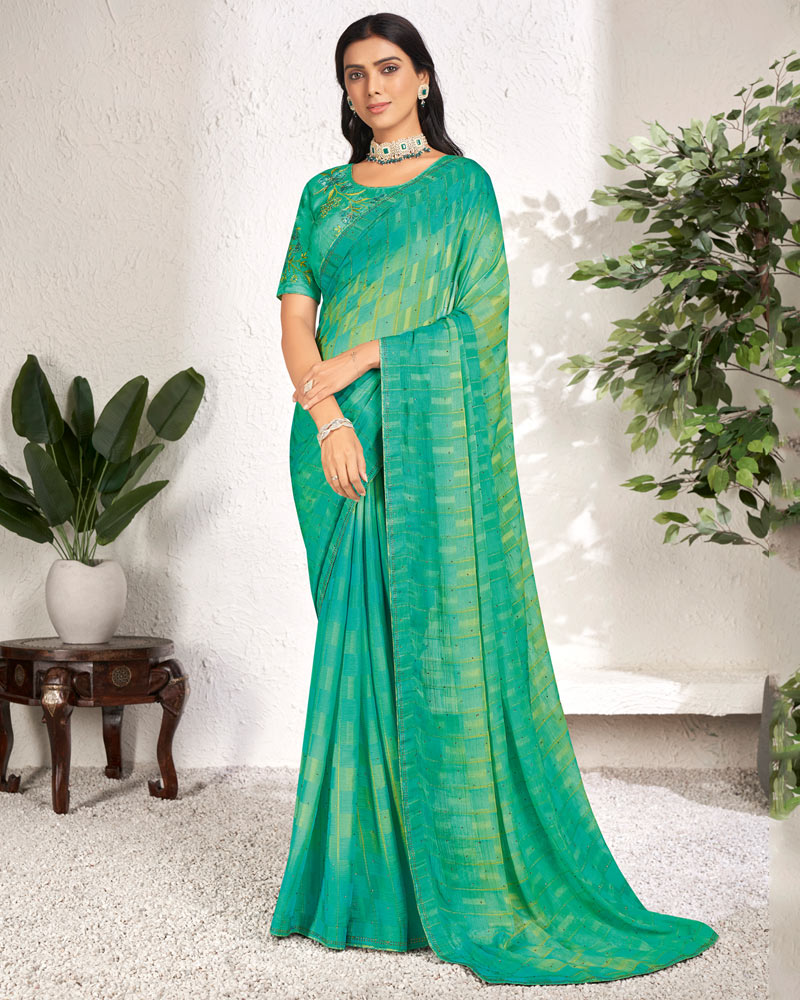 Vishal Prints Aqua Green Designer Digital Print Chiffon Saree With Core Piping