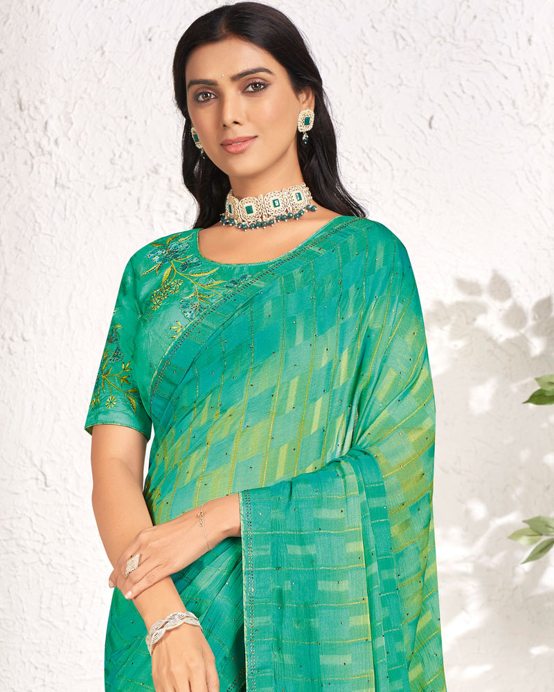 Vishal Prints Aqua Green Designer Digital Print Chiffon Saree With Core Piping