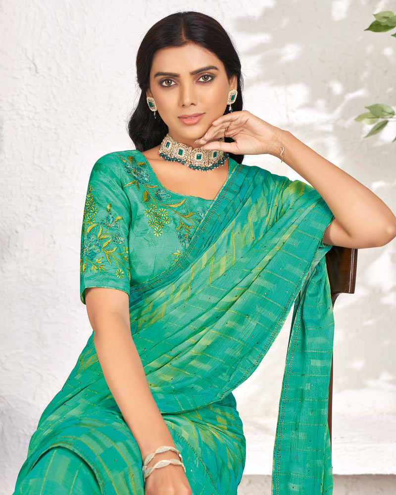 Vishal Prints Aqua Green Designer Digital Print Chiffon Saree With Core Piping