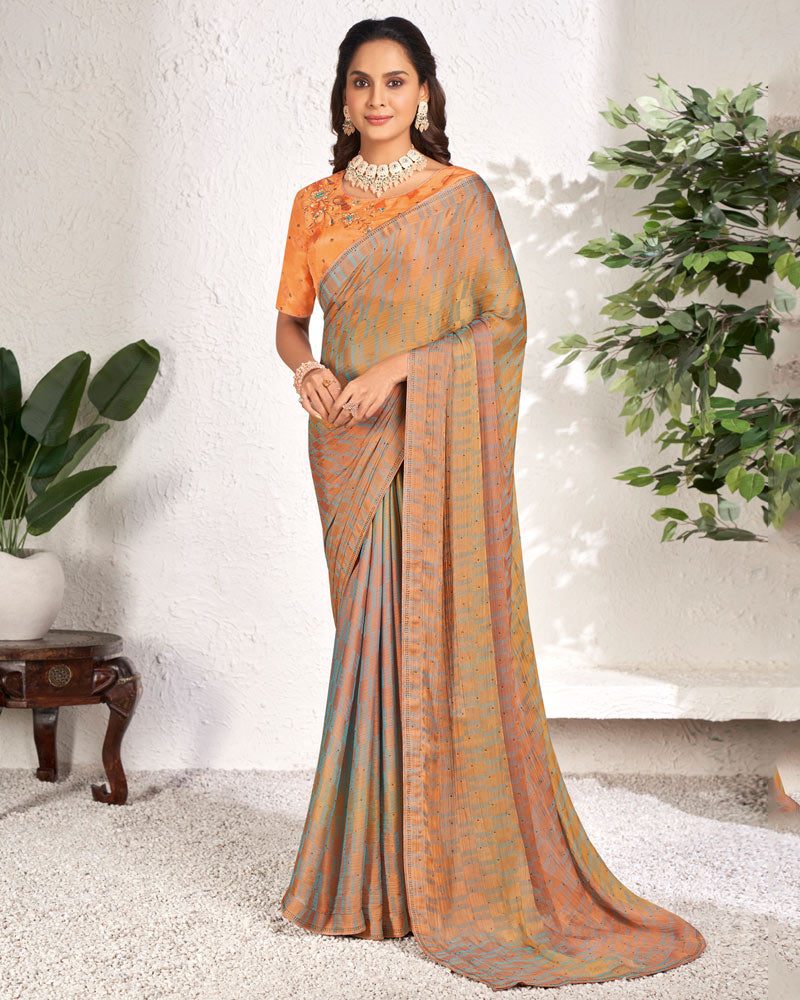 Vishal Prints Saffron Color Designer Digital Print Chiffon Saree With Core Piping