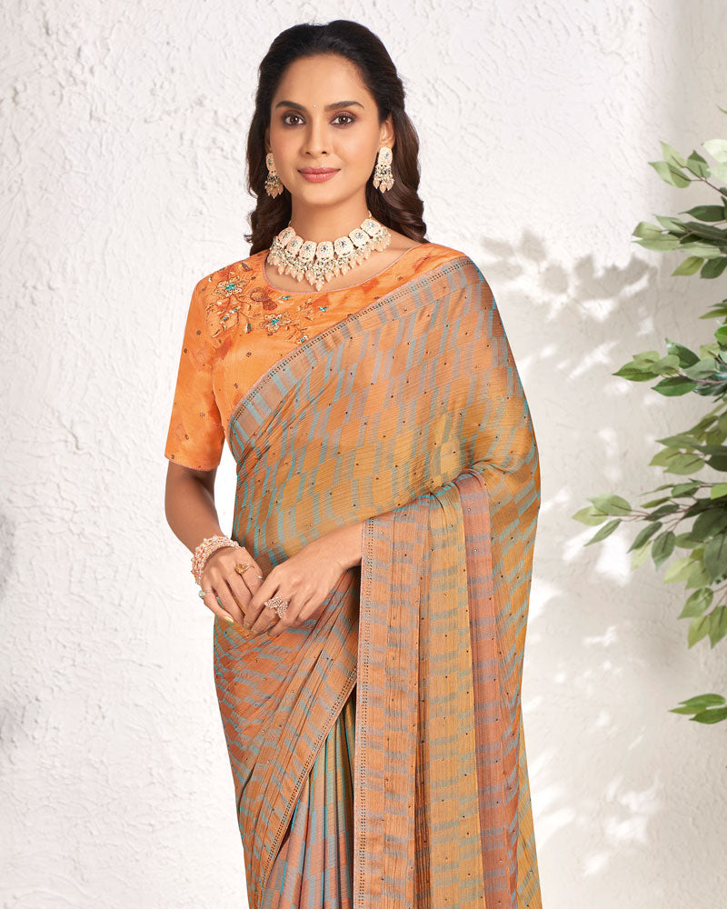 Vishal Prints Saffron Color Designer Digital Print Chiffon Saree With Core Piping