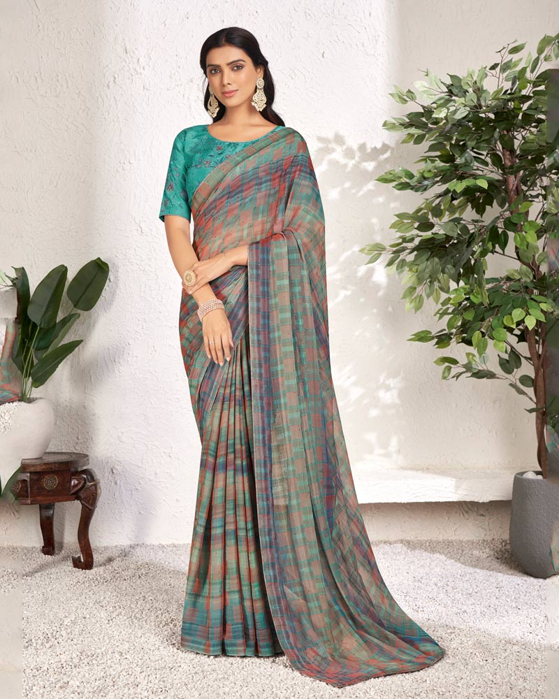 Vishal Prints Teal Green Designer Digital Print Chiffon Saree With Core Piping