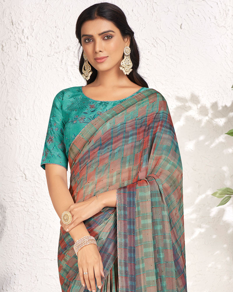 Vishal Prints Teal Green Designer Digital Print Chiffon Saree With Core Piping