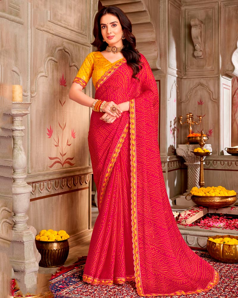 Vishal Prints Purplish Red Printed Chiffon Traditional Print Saree With Cut Work Border