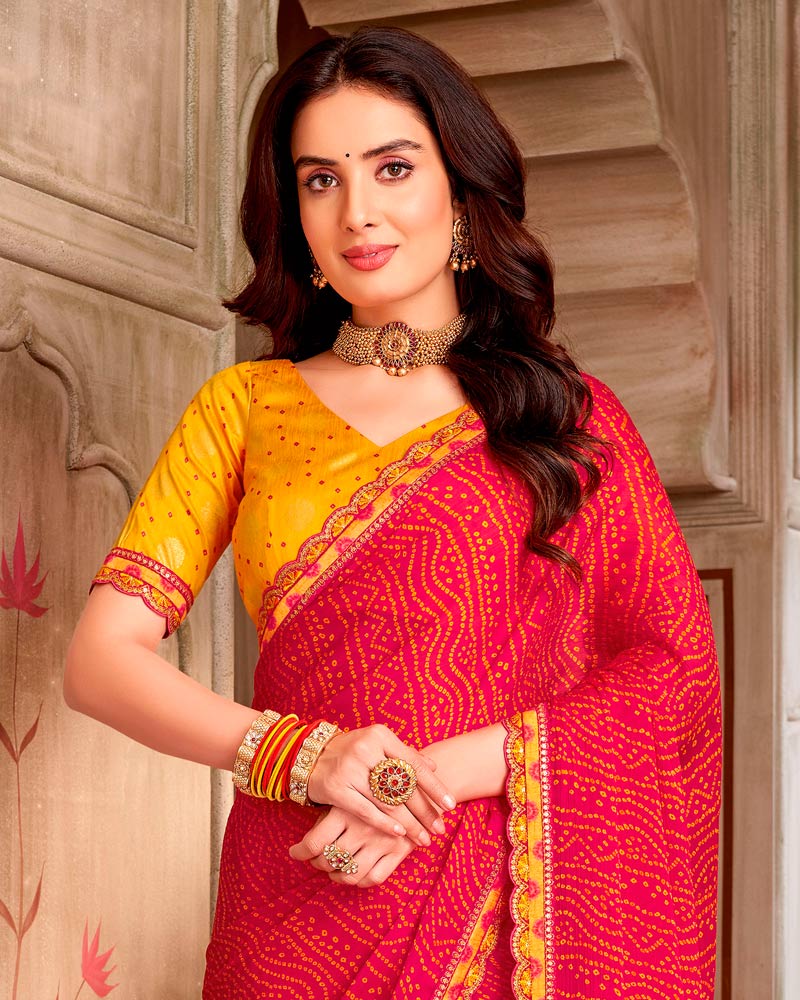 Vishal Prints Purplish Red Printed Chiffon Traditional Print Saree With Cut Work Border