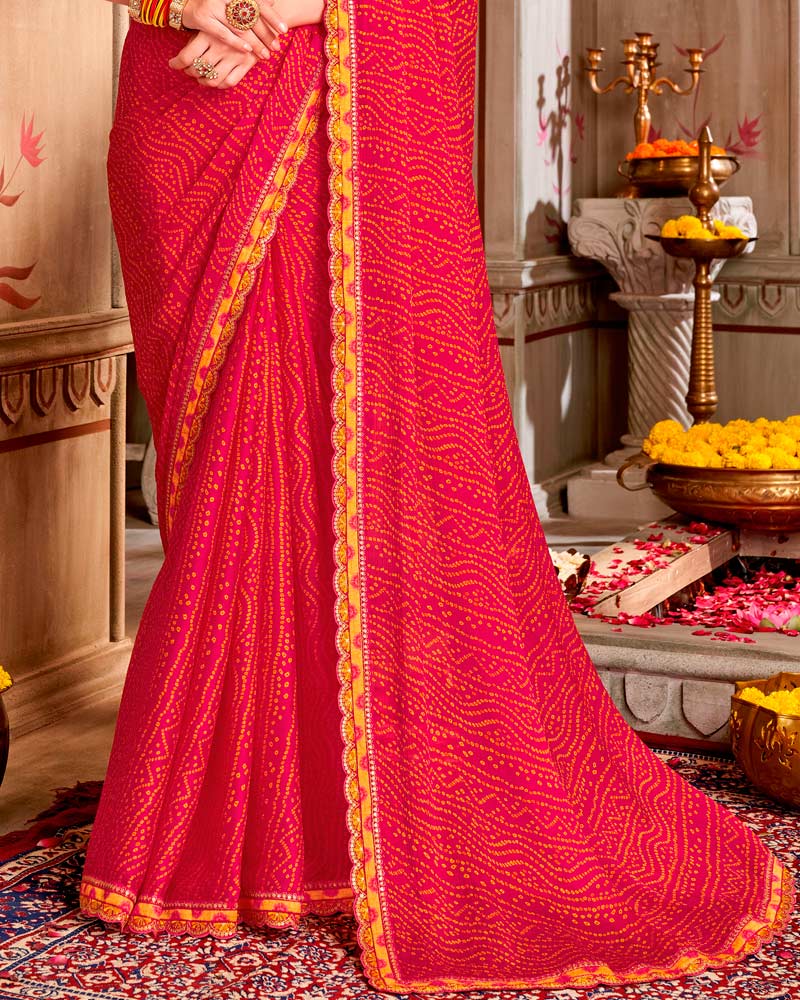 Vishal Prints Purplish Red Printed Chiffon Traditional Print Saree With Cut Work Border