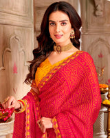 Vishal Prints Purplish Red Printed Chiffon Traditional Print Saree With Cut Work Border