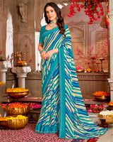 Vishal Prints Persian Green And Electric Blue Printed Chiffon Saree With Weaved Satin Patta And Border