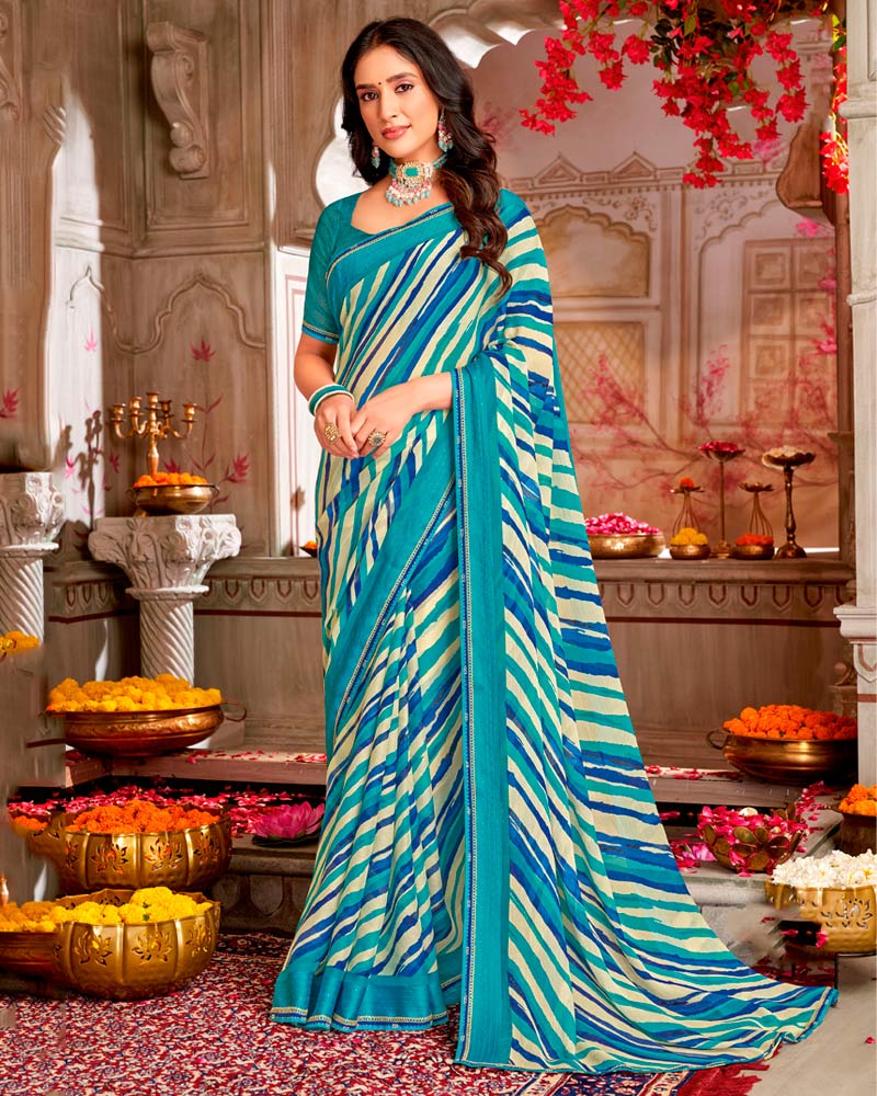 Vishal Prints Persian Green And Electric Blue Printed Chiffon Saree With Weaved Satin Patta And Border