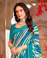Vishal Prints Persian Green And Electric Blue Printed Chiffon Saree With Weaved Satin Patta And Border