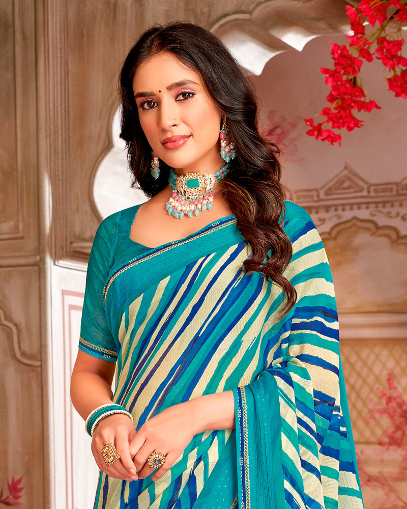 Vishal Prints Persian Green And Electric Blue Printed Chiffon Saree With Weaved Satin Patta And Border