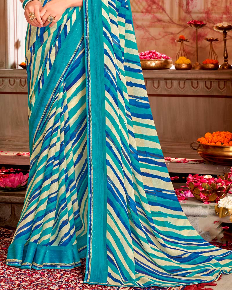 Vishal Prints Persian Green And Electric Blue Printed Chiffon Saree With Weaved Satin Patta And Border