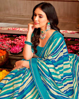 Vishal Prints Persian Green And Electric Blue Printed Chiffon Saree With Weaved Satin Patta And Border