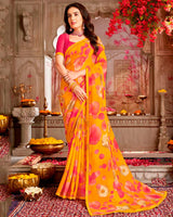 Vishal Prints Dark Orange Printed Georgette Saree With Foil Print And Fancy Border