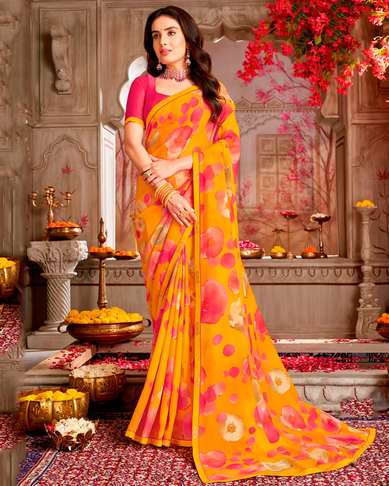 Vishal Prints Dark Orange Printed Georgette Saree With Foil Print And Fancy Border