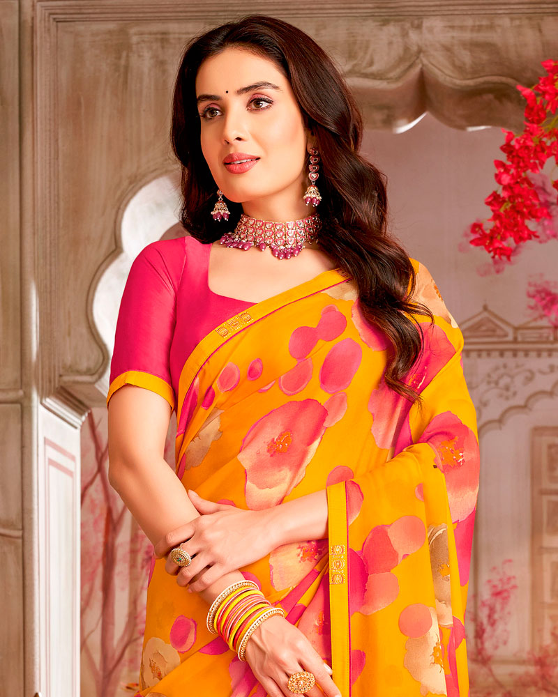 Vishal Prints Dark Orange Printed Georgette Saree With Foil Print And Fancy Border