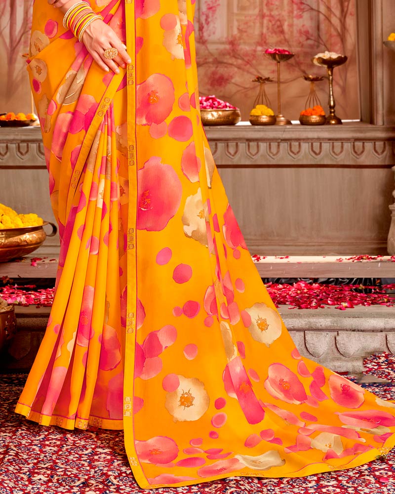 Vishal Prints Dark Orange Printed Georgette Saree With Foil Print And Fancy Border