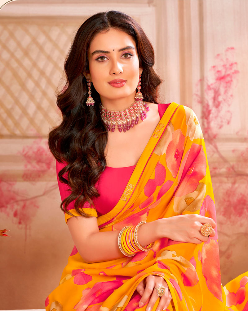 Vishal Prints Dark Orange Printed Georgette Saree With Foil Print And Fancy Border
