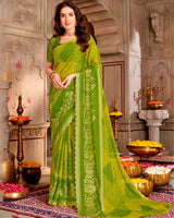 Vishal Prints Mehandi Green Patterned Chiffon Traditional Print Saree With Foil Print And Cut Work Diamond Border