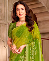 Vishal Prints Mehandi Green Patterned Chiffon Traditional Print Saree With Foil Print And Cut Work Diamond Border